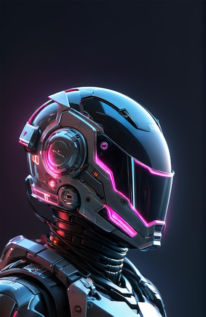 Futuristic humanoid wearing bionic armor with neon glowing cyberpunk style