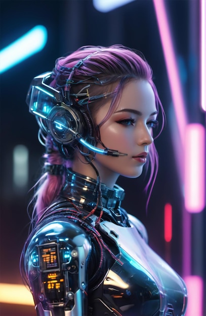 Photo futuristic humanoid wearing bionic armor with neon glowing cyberpunk style