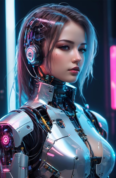 Futuristic humanoid wearing bionic armor with neon glowing cyberpunk style