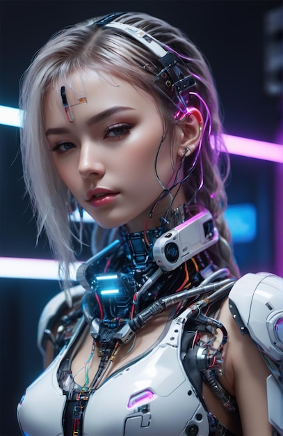 Photo futuristic humanoid wearing bionic armor with neon glowing cyberpunk style