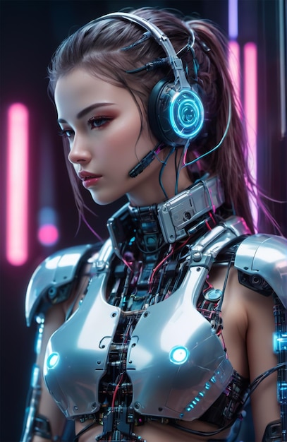 Futuristic humanoid wearing bionic armor with neon glowing cyberpunk style