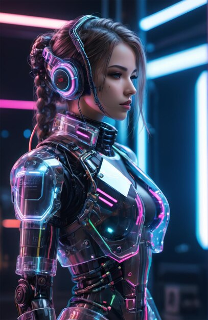 Futuristic humanoid wearing bionic armor with neon glowing cyberpunk style