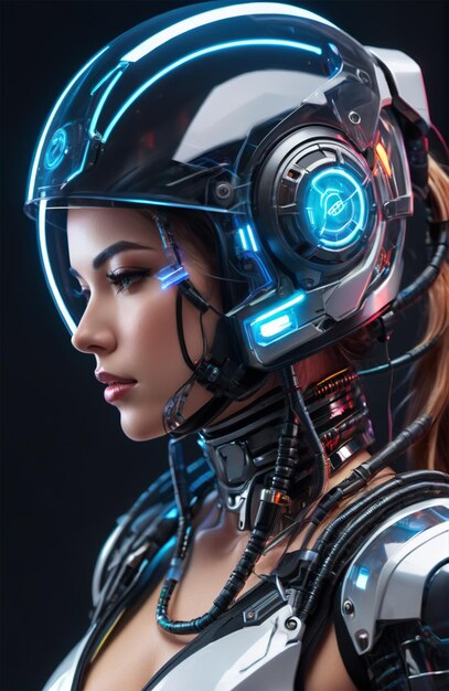 Photo futuristic humanoid wearing bionic armor with neon glowing cyberpunk style