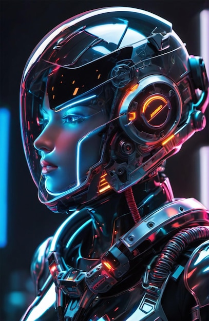 Futuristic humanoid wearing bionic armor with neon glowing cyberpunk style