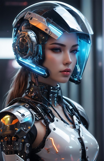 Photo futuristic humanoid wearing bionic armor with neon glowing cyberpunk style