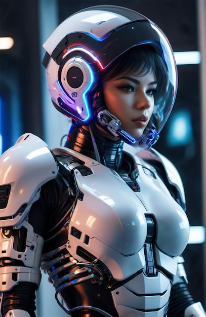 Photo futuristic humanoid wearing bionic armor with neon glowing cyberpunk style