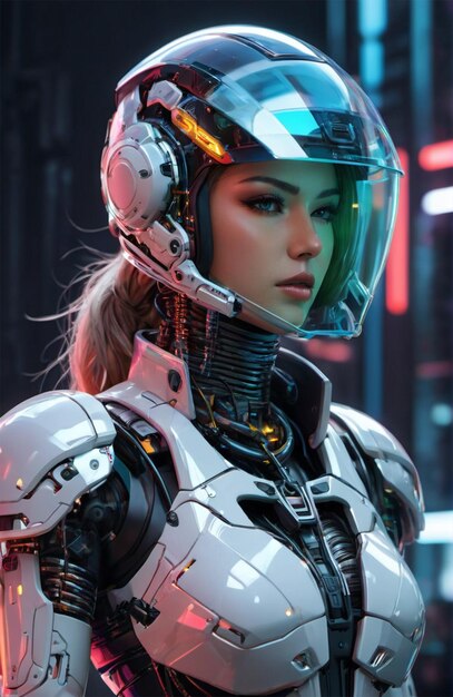 Futuristic humanoid wearing bionic armor with neon glowing cyberpunk style