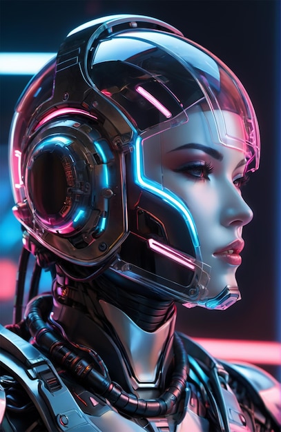 Futuristic humanoid wearing bionic armor with neon glowing cyberpunk style