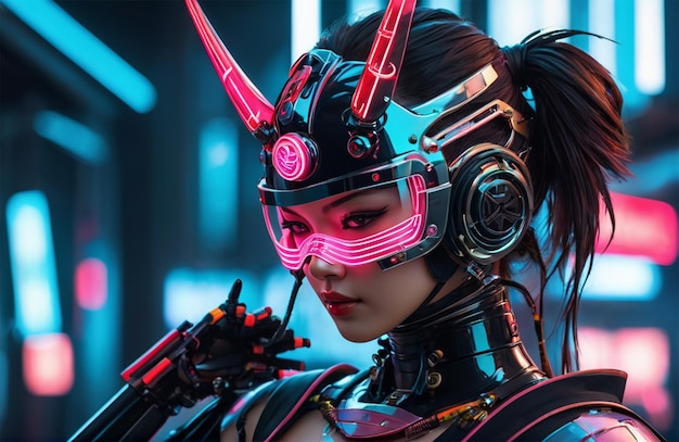 Photo futuristic humanoid wearing bionic armor with neon glowing cyberpunk style