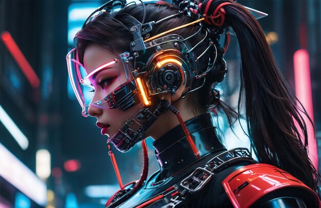 Futuristic humanoid wearing bionic armor with neon glowing cyberpunk style