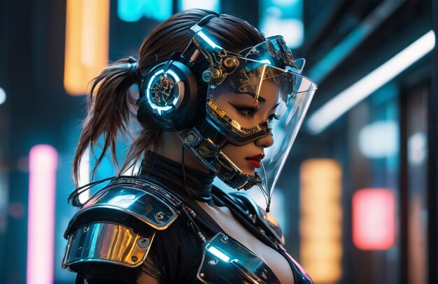 Photo futuristic humanoid wearing bionic armor with neon glowing cyberpunk style