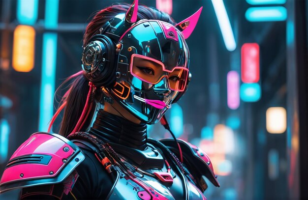 Photo futuristic humanoid wearing bionic armor with neon glowing cyberpunk style