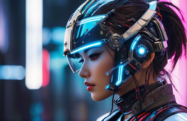 Photo futuristic humanoid wearing bionic armor with neon glowing cyberpunk style