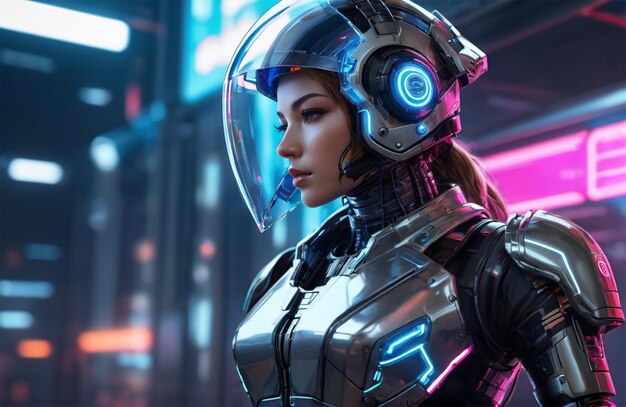 Futuristic humanoid wearing bionic armor with neon glowing cyberpunk style