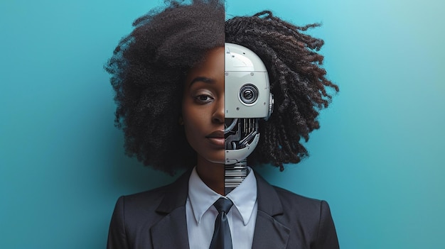 Futuristic hybrid human robot portrait afroamerican woman in business attire ai generated