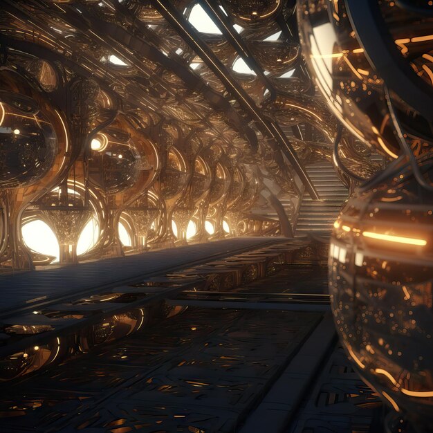 Photo futuristic and illuminated metal massive construction alien concept cinematic scene from another