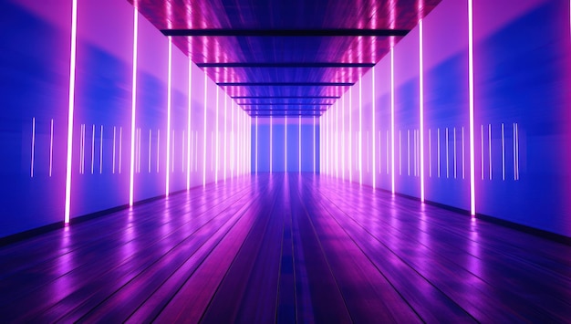 写真 紫色のレーザー線で輝く未来的な照明 活気のある3dレンダリングの現代サイバースペース 光の科学 抽象的なネオンポータルトンネル
