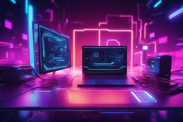 Futuristic illustration about computer technology with a laptop in neon colors for cover background