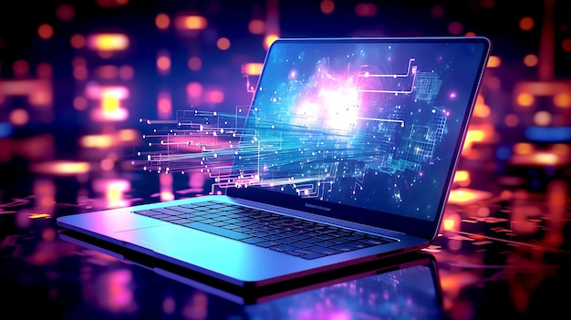 Futuristic illustration about computer technology with a laptop in neon  colors. For cover backgrounds, wallpapers and other modern projects.  Generated with AI Stock Photo