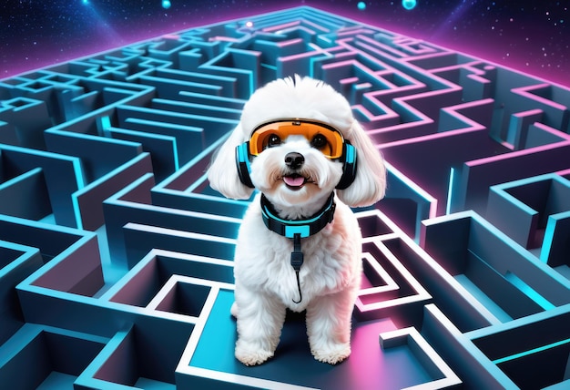 A futuristic illustration of a Maltese Poodle dog influencer navigating through a virtual reality ma