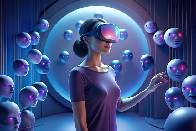 Фото Футуристическая иллюстрация человека с очками виртуальной реальности и элементами на заднем плане