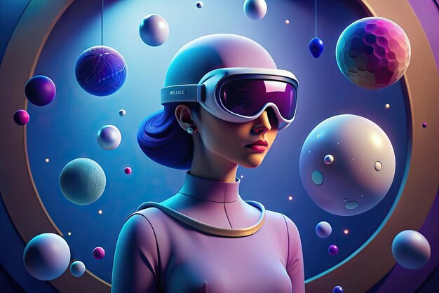 Фото futuristic illustration of person with virtual reality glasses and elements in the background