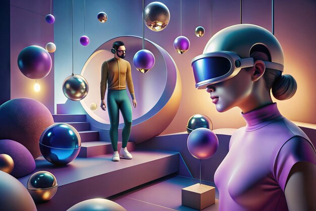 Foto illustrazione futuristica di una persona con occhiali di realtà virtuale e elementi sullo sfondo