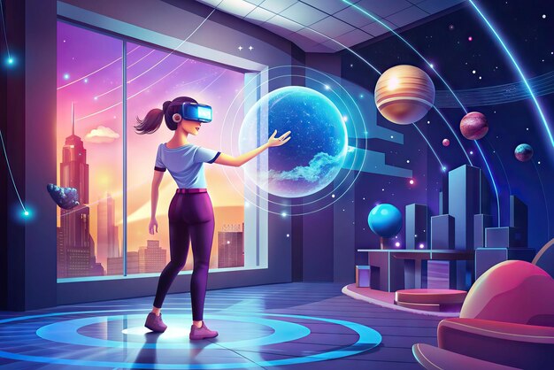 Photo futuristic illustration of person with virtual reality glasses and elements in the background