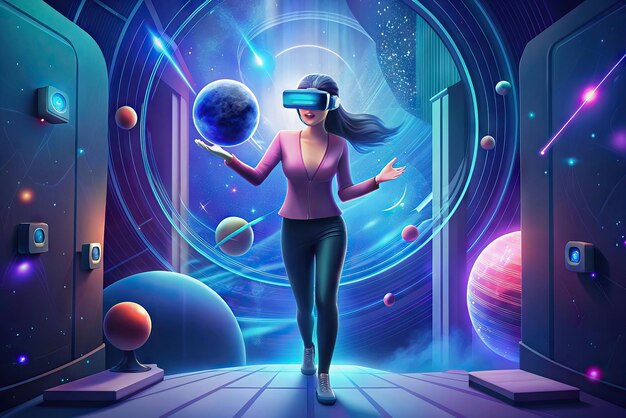 Foto illustrazione futuristica di una persona con occhiali di realtà virtuale e elementi sullo sfondo