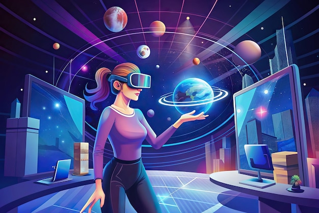 Foto illustrazione futuristica di una persona con occhiali di realtà virtuale e elementi sullo sfondo