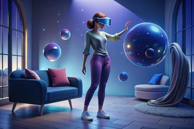 Foto illustrazione futuristica di una persona con occhiali di realtà virtuale e elementi sullo sfondo