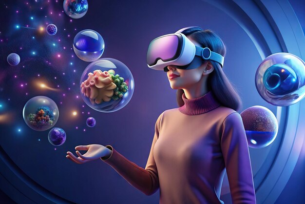 Foto illustrazione futuristica di una persona con occhiali di realtà virtuale e elementi sullo sfondo