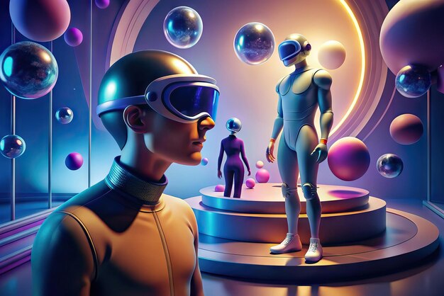 Foto illustrazione futuristica di una persona con occhiali di realtà virtuale e elementi sullo sfondo