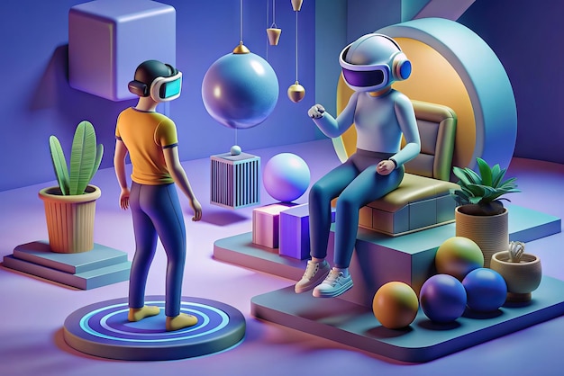 Futuristic illustration of person with virtual reality glasses and elements in the background