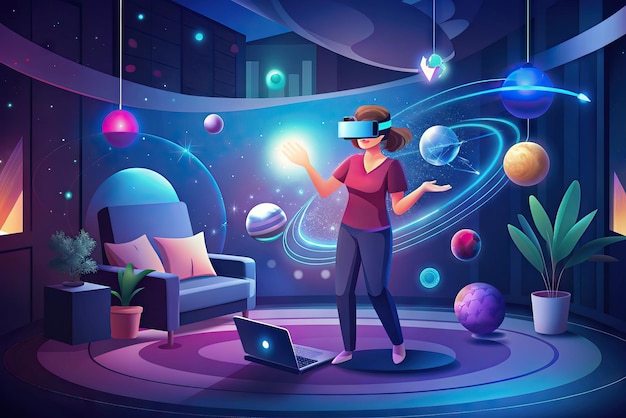 Photo futuristic illustration of person with virtual reality glasses and elements in the background