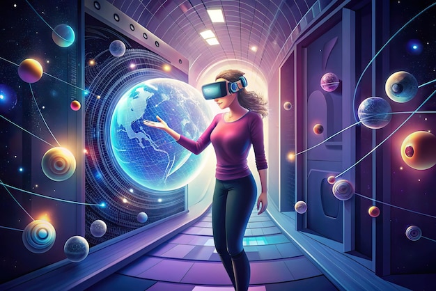 Photo futuristic illustration of person with virtual reality glasses and elements in the background