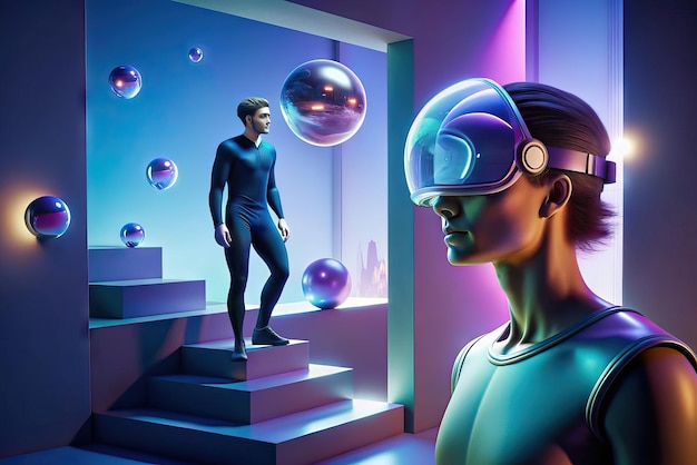 Foto illustrazione futuristica di una persona con occhiali di realtà virtuale e elementi sullo sfondo