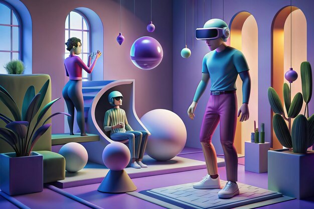 Foto illustrazione futuristica di una persona con occhiali di realtà virtuale e elementi sullo sfondo