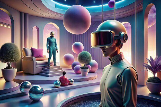 Foto illustrazione futuristica di una persona con occhiali di realtà virtuale e elementi sullo sfondo