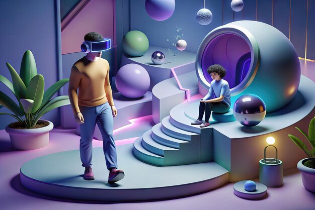 Futuristic illustration of person with virtual reality glasses and elements in the background