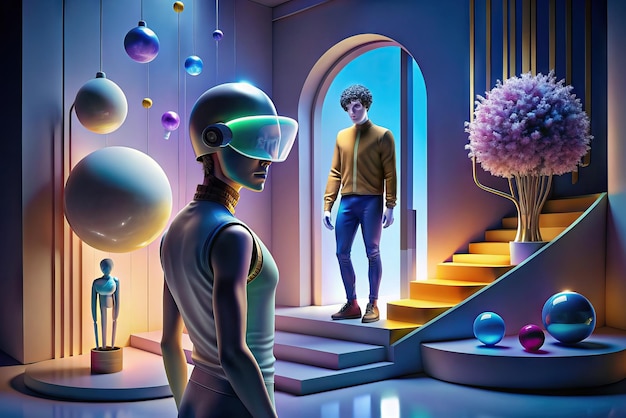 Photo futuristic illustration of person with virtual reality glasses and elements in the background
