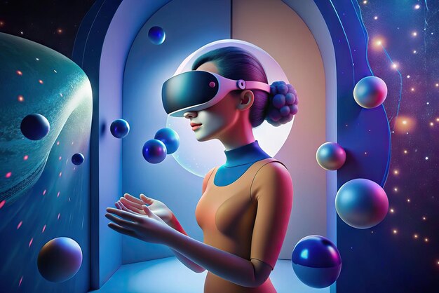 Foto illustrazione futuristica di una persona con occhiali di realtà virtuale e elementi sullo sfondo