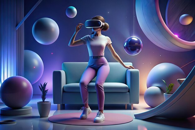 仮想現実のメガネと背景の要素を持つ人の未来的なイラスト