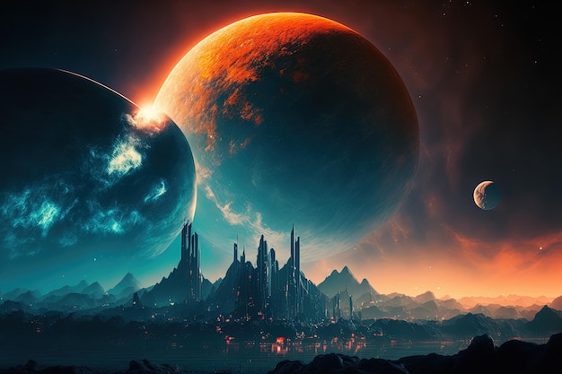 A futuristic image of a fantasy city in space with planets