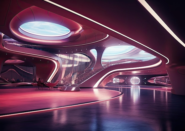 A futuristic image of a theater lobby with sleek minimalist design hightech lighting and