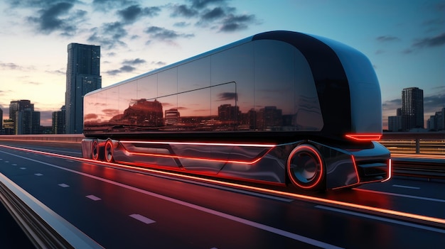 写真 未来的なイノベーション 自律的なセミトラックと貨物トレーラーが 夜にデジタル化された高速道路で 最先端のテクノロジーで動いています