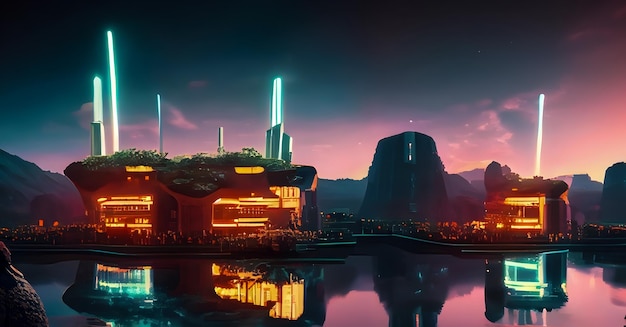 Futuristic inspired border town with Neon lights on the edge of a calm reflecting lake