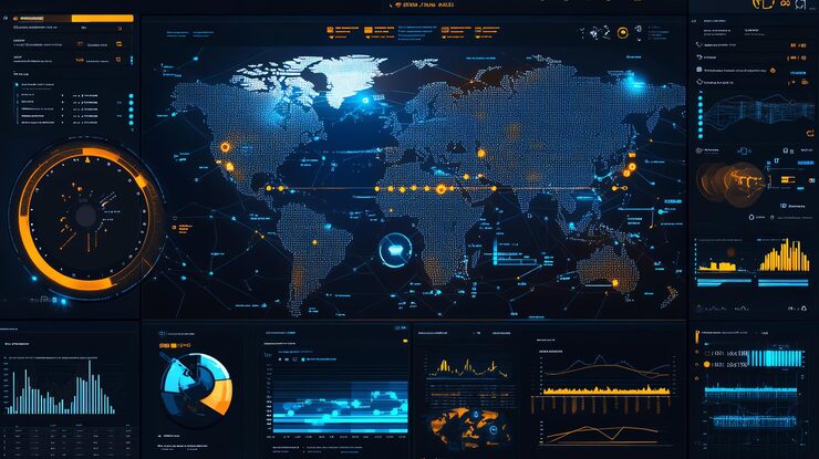 Photo futuristic interface displaying global data analytics with graphs maps and metrics for dynamic data visualization