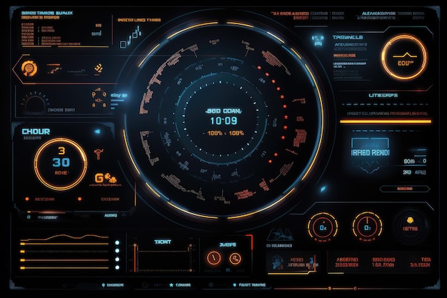 첨단 기술을 위한 화려한 조명 배열을 가진 미래의 인터페이스 디스플레이 GUI UI UX 디자인을 위한 HUD 요소 인터페이스 HUD GUI 기술 배경 디지털 데이터를 표시하는 AI 생성