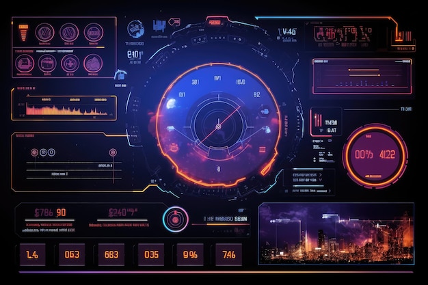 未来界面与充满活力的霓虹灯为高科技可视化 HUD 元件界面为 GUI UI UX 设计 HUD GUI 技术背景显示数字数据 AI 生成